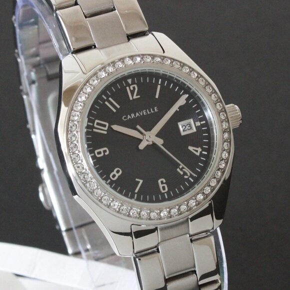 Caravelle Ladies Dress Watch By Bulova Black Sunray Dial 48 Crystal Bezel 28mm - Picture 1 of 12